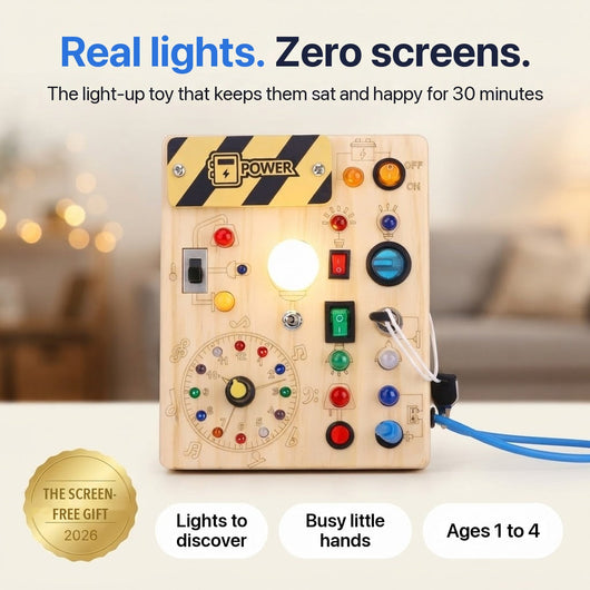 Light-Up Montessori wooden activity board with switches and coloured lights