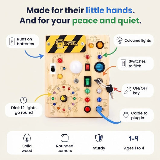 Light-Up Montessori wooden activity board with switches and coloured lights