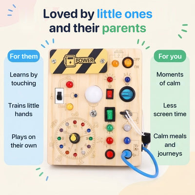 Light-Up Montessori wooden activity board with switches and coloured lights