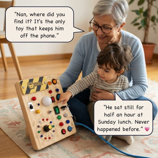 Light-Up Montessori wooden activity board with switches and coloured lights