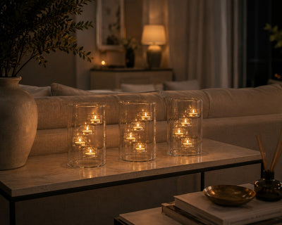 Three lit Aura Glass lanterns in the living room