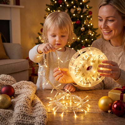 Mum and toddler unrolling the warm white cluster lights from the reel next to the Christmas tree