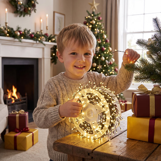 Smiling boy holding the glowing reel of warm white cluster lights by the fireplace