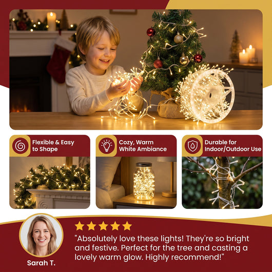 Boy with the cluster lights reel, flexible, warm and durable, with a five star review