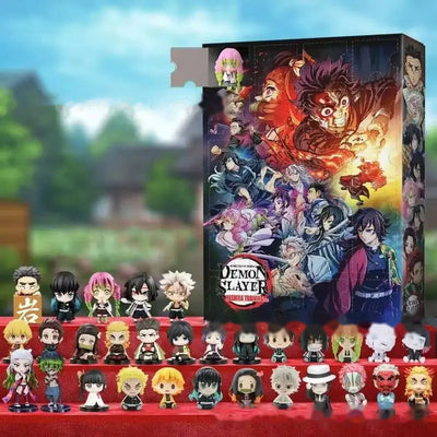 Demon Slayer Hashira Training advent calendar box with the chibi figures lined up on red steps