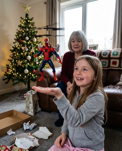 Child playing with the Velora FlyHero Pro flying superhero toy on Christmas morning