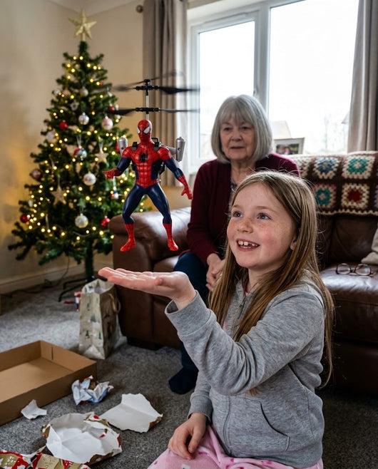Child playing with the Velora FlyHero Pro flying superhero toy on Christmas morning