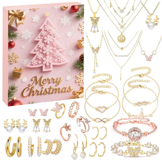 Jewellery Advent Calendar: the pink box and the 24 gold tone pieces
