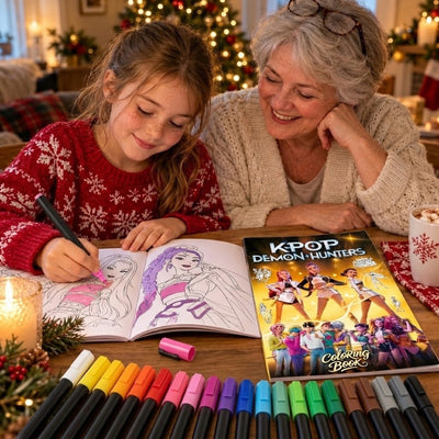A girl coloring the K-Pop Demon Hunters book with her grandmother