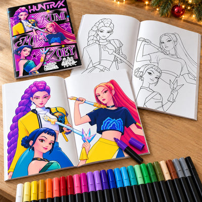 Inside the book: colored and uncolored pages of Rumi, Mira and Zoey