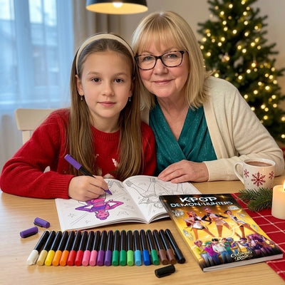 A grandmother and her granddaughter coloring the Gold book with acrylic markers