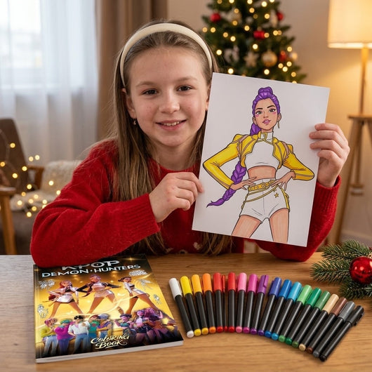 A girl shows her finished page colored with acrylic markers