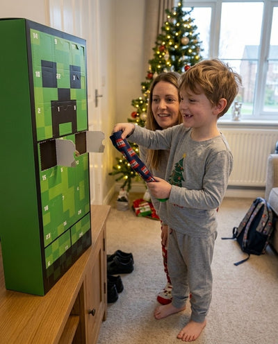Boy opening the Minecraft socks advent calendar on a December morning