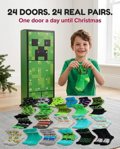 Boy next to the tall Minecraft socks advent calendar with 24 pairs