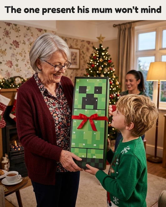 Grandmother giving the Minecraft socks advent calendar to her grandson
