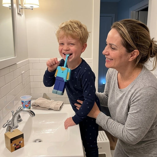 A boy laughing while he brushes his teeth with the Steve Minecraft toothbrush, his mom beside him