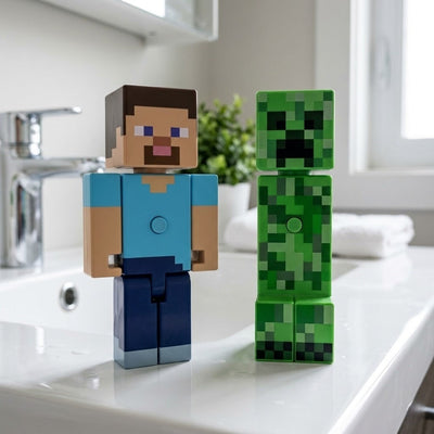 Steve and Creeper toothbrush figures standing on the sink with their heads on, like toys