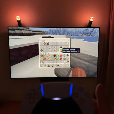 Two Pixel Torches lighting up the wall on each side of a gaming screen