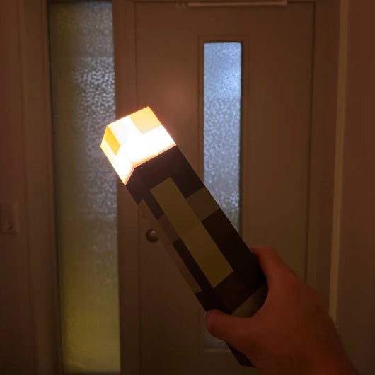 Hand holding the glowing Pixel Torch in a dark hallway