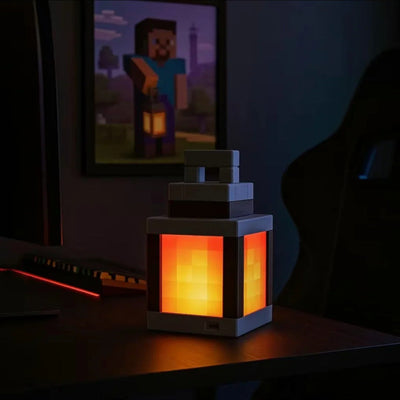 Pixel Lantern glowing on a gaming desk at night