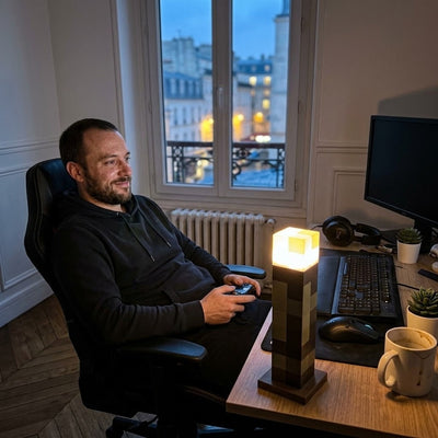 Man gaming at his desk with the Pixel Torch glowing next to him