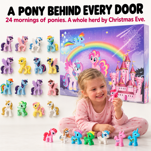 Pony advent calendar with 24 pony figures and a happy girl