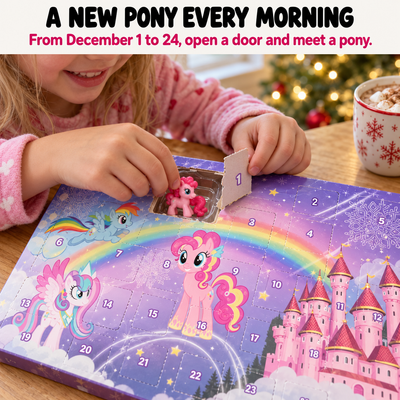 A child opens door 1 of the pony advent calendar and finds a pink pony