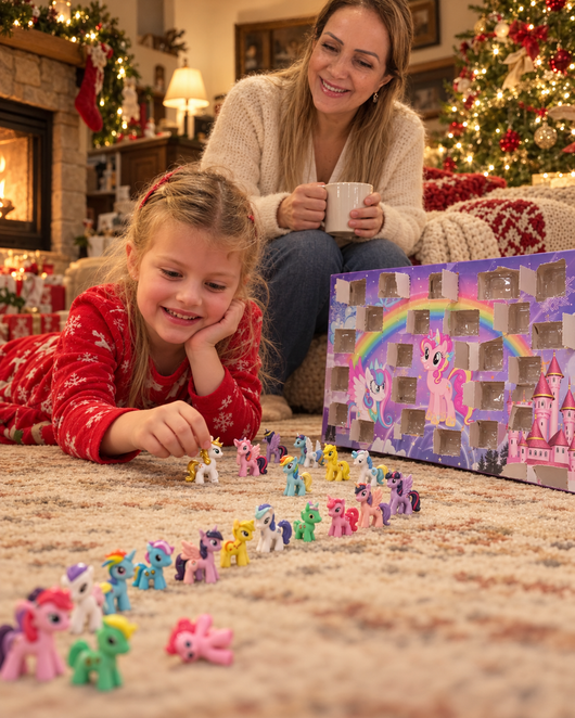 A girl plays with her whole pony herd on Christmas Eve