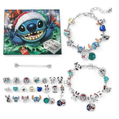 Stitch Advent Calendar: purple box with Stitch in a Santa hat, 22 charms and 2 bracelets