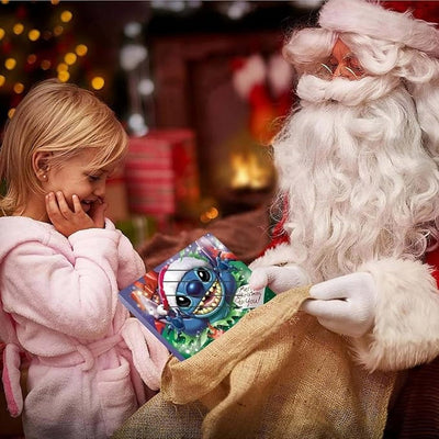 A girl gets the Stitch advent calendar from Santa