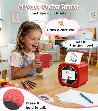 AI Sticker Printer for Kids | Voice to Sticker Maker, Ink Free Thermal Mini Printer, Coloring Sticker Machine Gift for Kids 5+