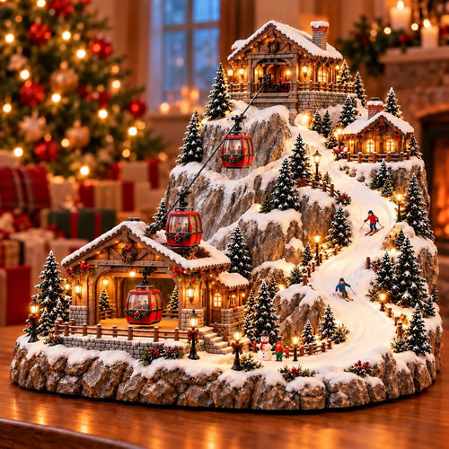 Animated Christmas Cable Car Village | Lighted Alpine Ski Mountain Scene with Moving Gondolas, Skiers & Glowing Chalets, Christmas Village Display