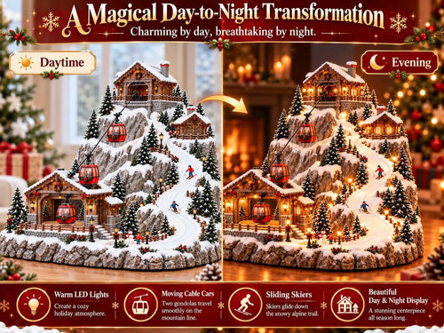 Animated Christmas Cable Car Village | Lighted Alpine Ski Mountain Scene with Moving Gondolas, Skiers & Glowing Chalets, Christmas Village Display
