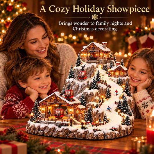 Animated Christmas Cable Car Village | Lighted Alpine Ski Mountain Scene with Moving Gondolas, Skiers & Glowing Chalets, Christmas Village Display
