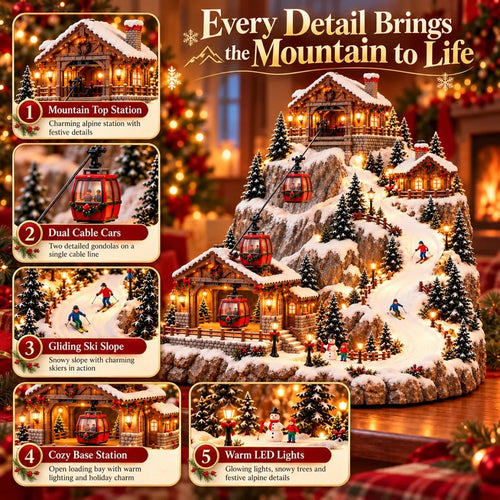 Animated Christmas Cable Car Village | Lighted Alpine Ski Mountain Scene with Moving Gondolas, Skiers & Glowing Chalets, Christmas Village Display