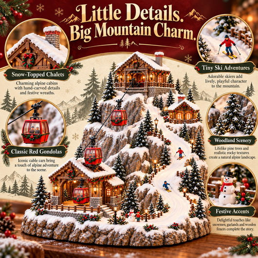 Animated Christmas Cable Car Village | Lighted Alpine Ski Mountain Scene with Moving Gondolas, Skiers & Glowing Chalets, Christmas Village Display