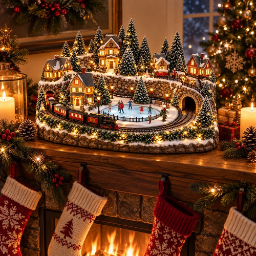Animated Christmas Train and Ice Rink Village | Lighted Holiday Village Scene with Moving Train, Skaters, Glowing Houses and Music