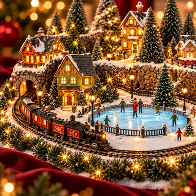 Animated Christmas Train and Ice Rink Village | Lighted Holiday Village Scene with Moving Train, Skaters, Glowing Houses and Music