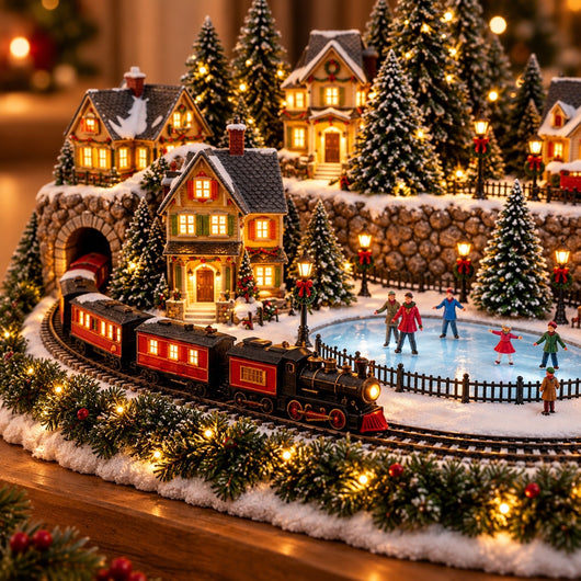 Animated Christmas Train and Ice Rink Village | Lighted Holiday Village Scene with Moving Train, Skaters, Glowing Houses and Music