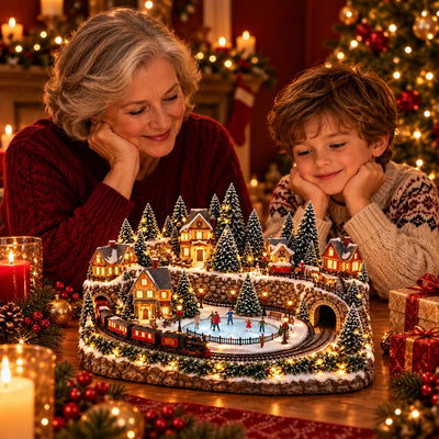 Animated Christmas Train and Ice Rink Village | Lighted Holiday Village Scene with Moving Train, Skaters, Glowing Houses and Music