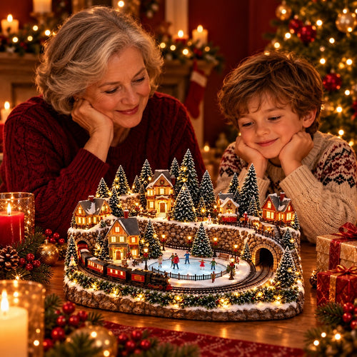 Animated Christmas Train and Ice Rink Village | Lighted Holiday Village Scene with Moving Train, Skaters, Glowing Houses and Music