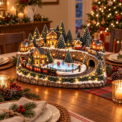 Animated Christmas Train and Ice Rink Village | Lighted Holiday Village Scene with Moving Train, Skaters, Glowing Houses and Music
