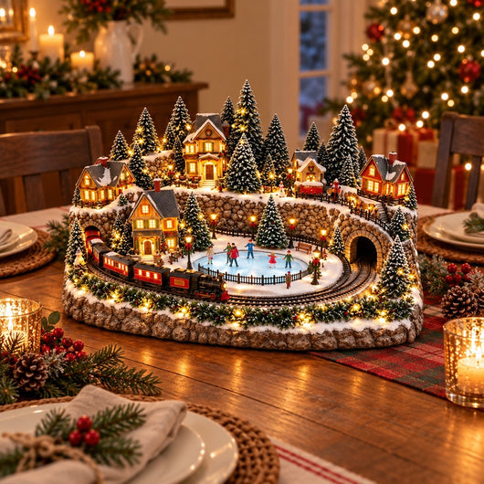 Animated Christmas Train and Ice Rink Village | Lighted Holiday Village Scene with Moving Train, Skaters, Glowing Houses and Music
