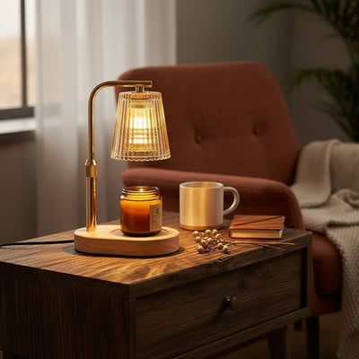 Candle Warmer Lamp with Timer and Dimmer | Ribbed Glass Candle Lamp Warmer, Wood Base, Flameless Jar Candle Warmer