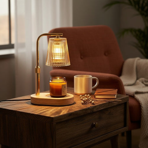 Candle Warmer Lamp with Timer and Dimmer | Ribbed Glass Candle Lamp Warmer, Wood Base, Flameless Jar Candle Warmer