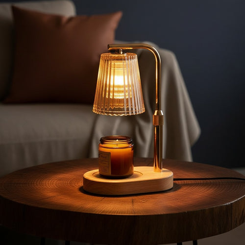 Candle Warmer Lamp with Timer and Dimmer | Ribbed Glass Candle Lamp Warmer, Wood Base, Flameless Jar Candle Warmer