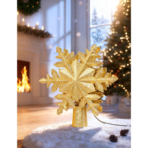 Christmas Tree Topper with Rotating Snowflake Projector | Lighted Gold Glitter Snowflake Topper, LED Projector Tree Topper