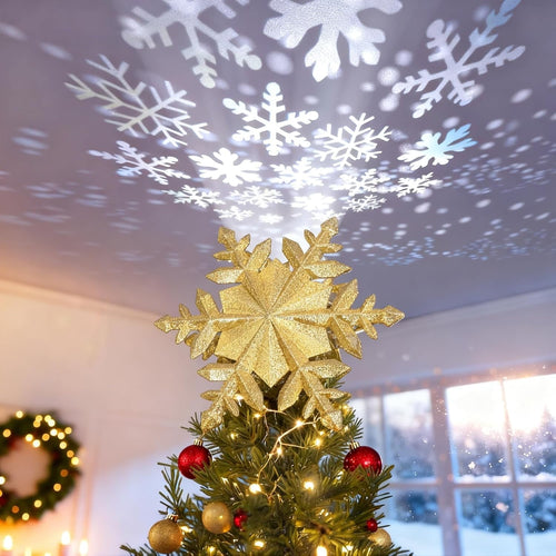 Christmas Tree Topper with Rotating Snowflake Projector | Lighted Gold Glitter Snowflake Topper, LED Projector Tree Topper