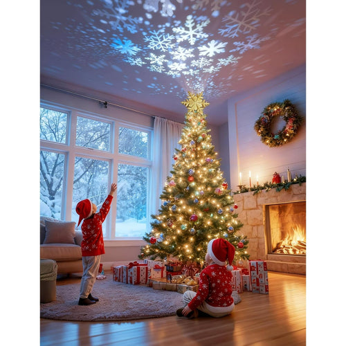 Christmas Tree Topper with Rotating Snowflake Projector | Lighted Gold Glitter Snowflake Topper, LED Projector Tree Topper