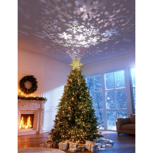 Christmas Tree Topper with Rotating Snowflake Projector | Lighted Gold Glitter Snowflake Topper, LED Projector Tree Topper